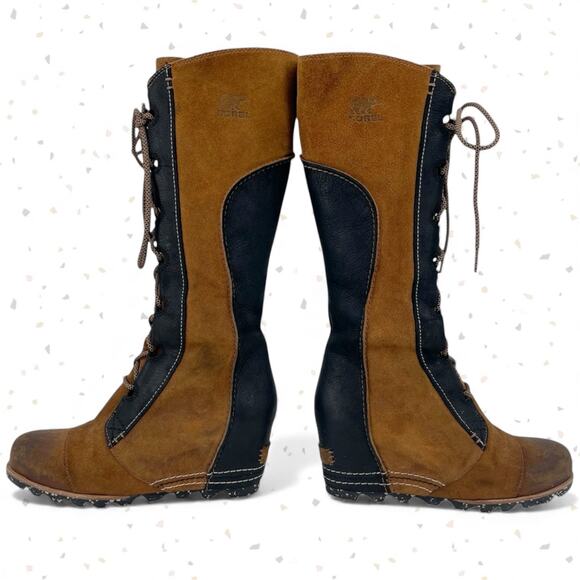 Sorel Cate the Great Elk Black & Tan Knee High Lace Up Suede Boots Size 9 - Picture 2 of 15